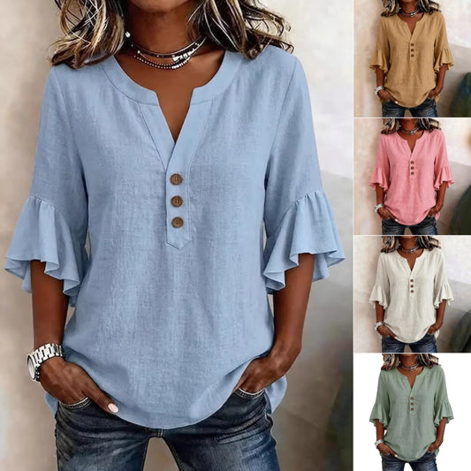Blouse femme en lin bleu clair à manches bouffantes
