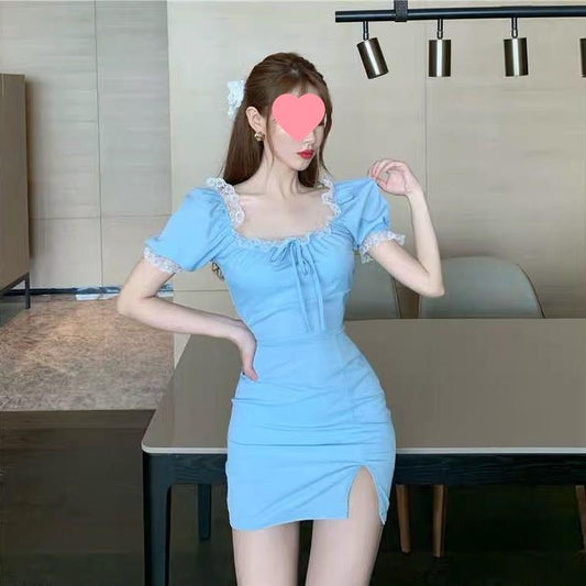 Robe femme bleue moulante à manches courtes