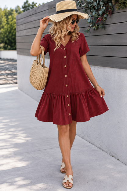 Robe femme en coton-lin rouge portée