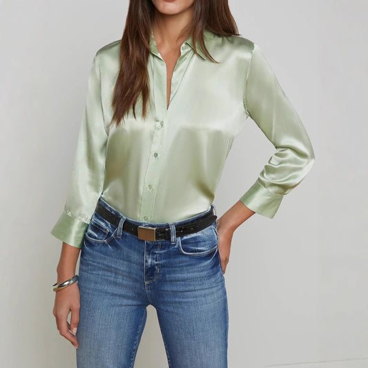 Chemise femme satinée élégante verte à col revers