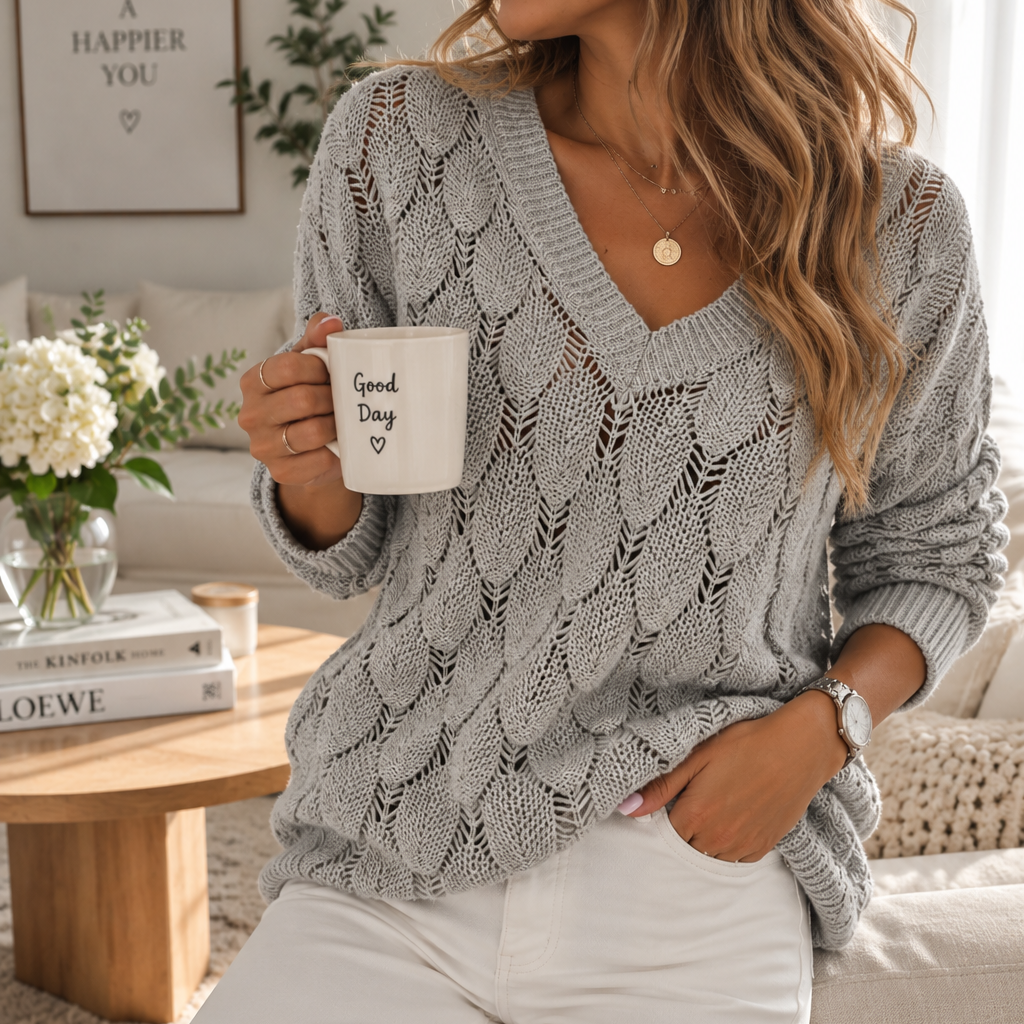 Pull femme gris clair en maille ajourée