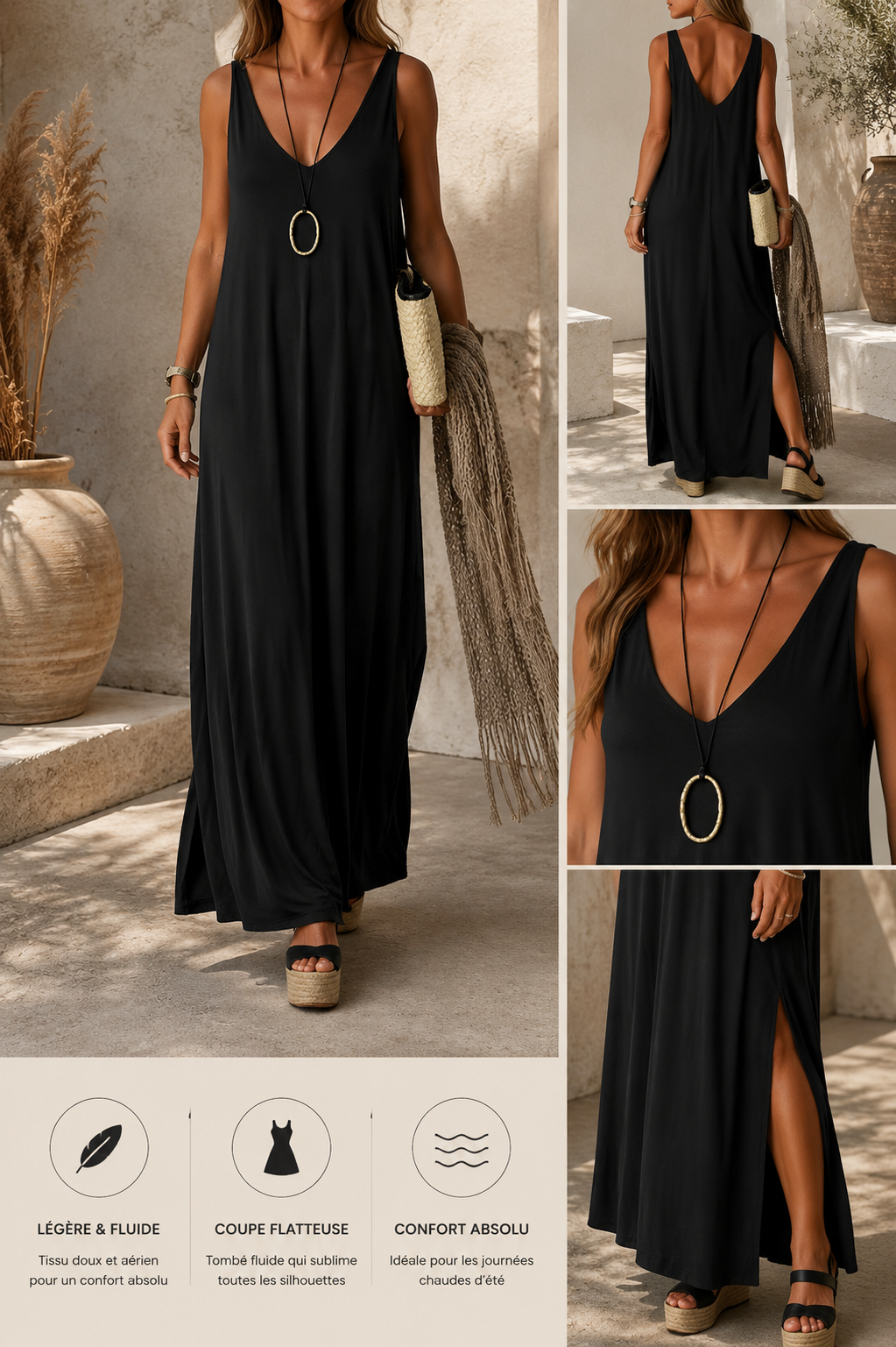 Robe Sexy à Bretelles et Col en V pour Femme