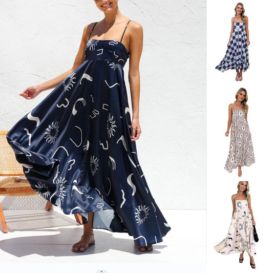 Robe longue femme bleu marine à motifs