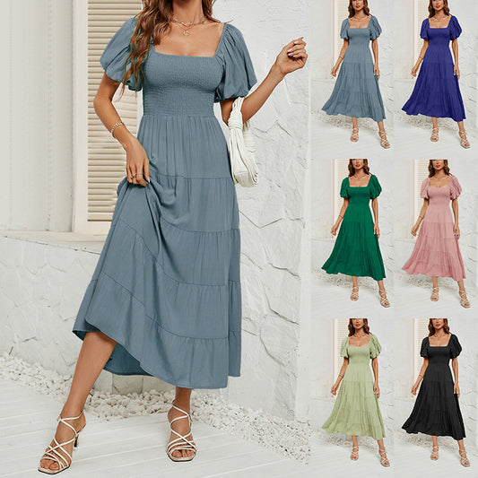 Robe longue femme bleu gris à manches courtes